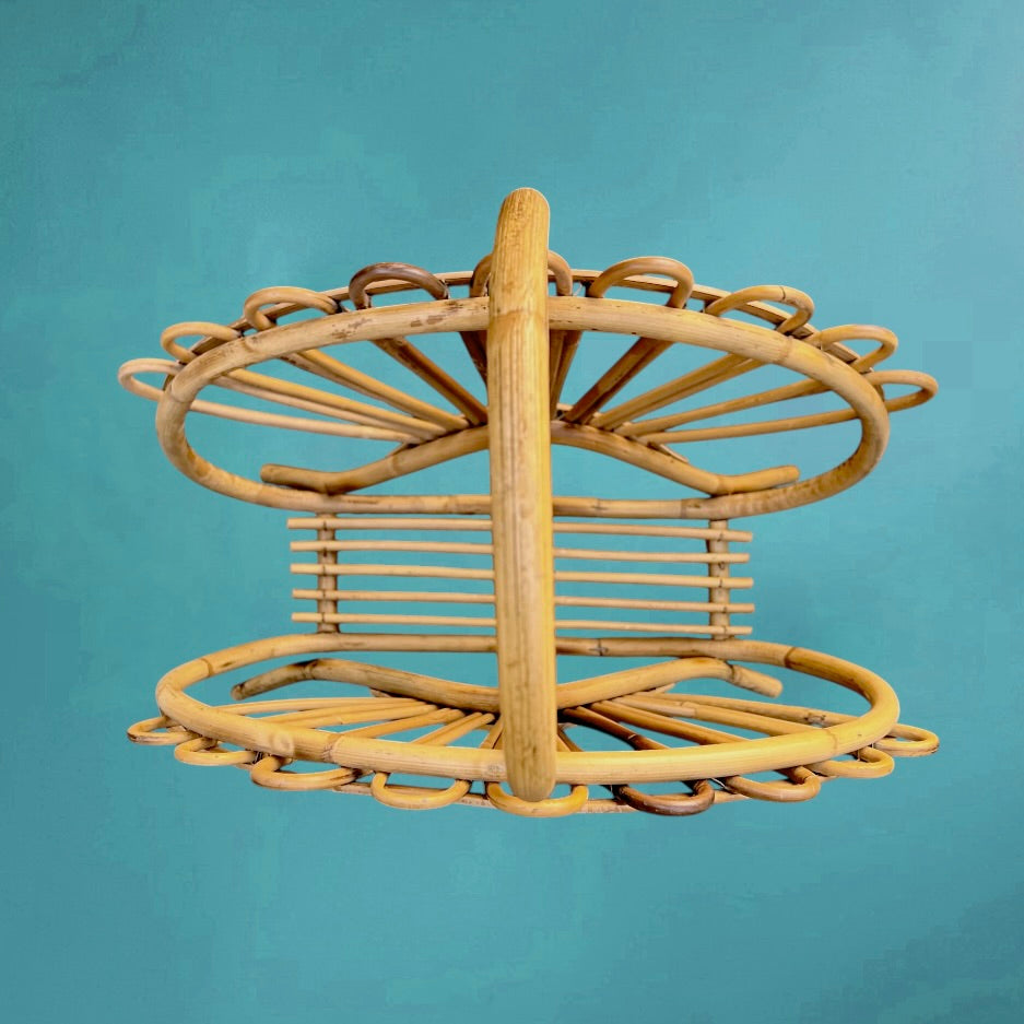 Porte-revue vintage en bambou années 60 – magazine rack rotin – design éventail bohème