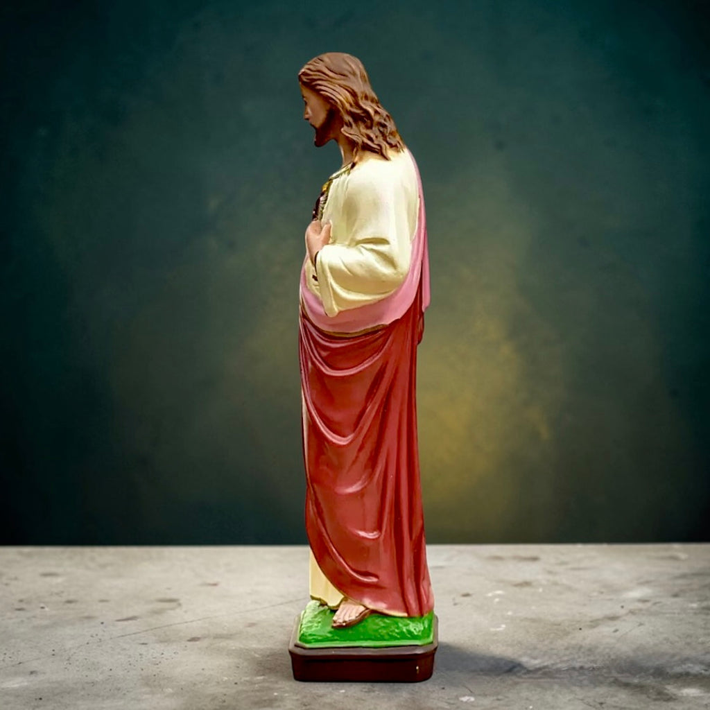 Statue Sacré-Cœur Jésus vintage – résine peinte main Italie 40 cm