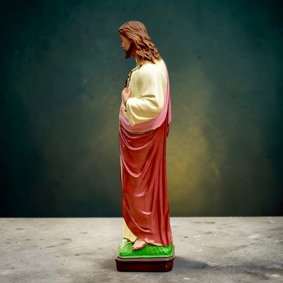 Statue Sacré-Cœur Jésus vintage – résine peinte main Italie 40 cm