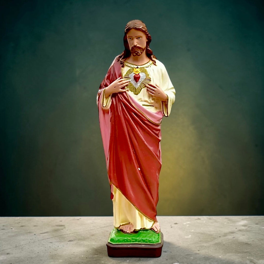 Statue vintage Sacré-Cœur de Jésus 40 cm – résine peinte main Italie