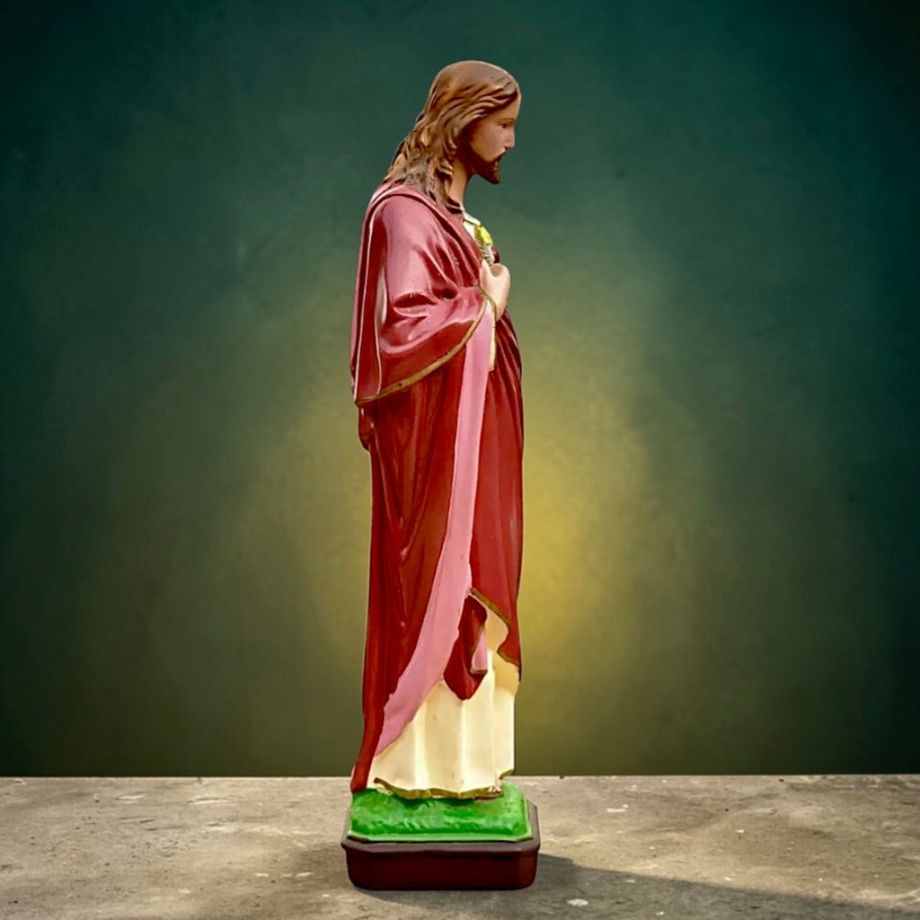 Statue Sacré-Cœur Jésus vintage – résine peinte main Italie 40 cm