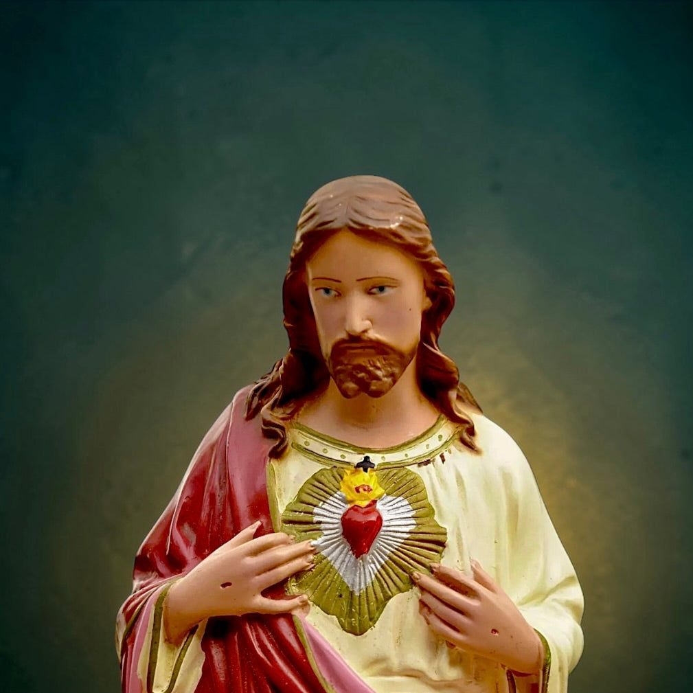 Statue Sacré-Cœur Jésus vintage – résine peinte main Italie 40 cm