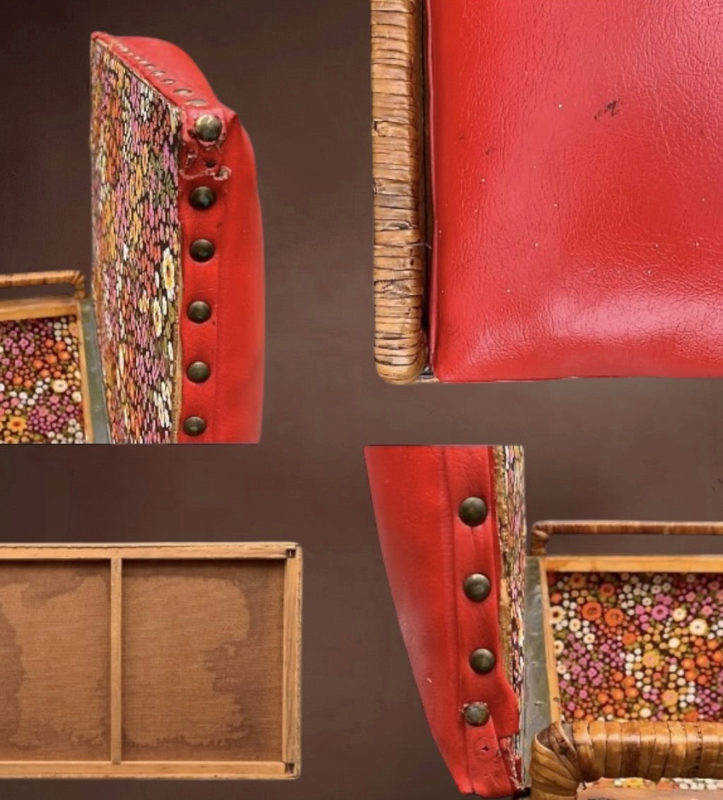 Malle rotin vintage avec assise rouge – coffre tabouret années 60