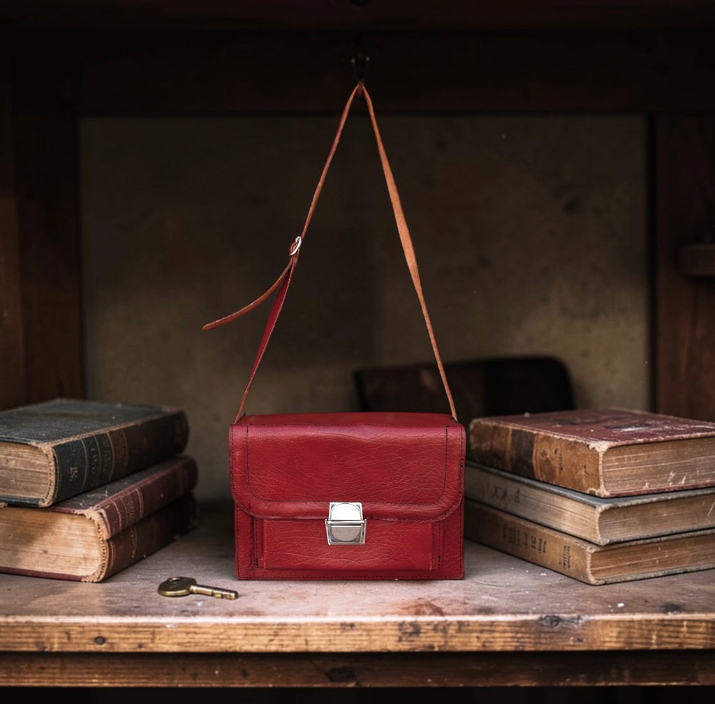 Sac appareil photo vintage en cuir bordeaux rigide – sacoche bandoulière rétro années 60 70