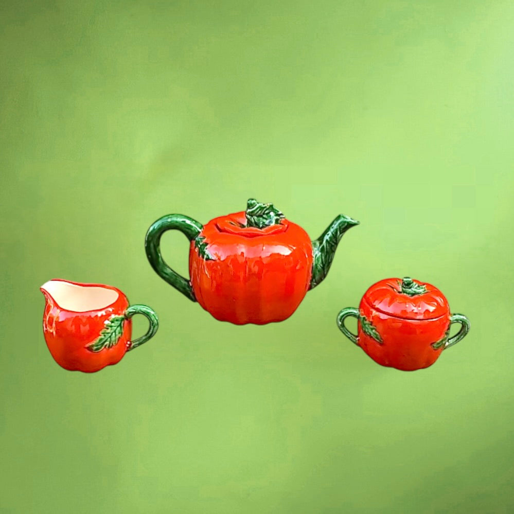 Service à thé vintage tomates céramique italienne – théière tasses pot sucre années 60 70