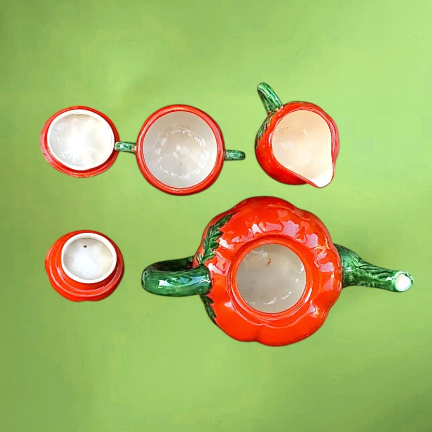 Service à thé vintage tomates céramique italienne – théière tasses pot sucre années 60 70