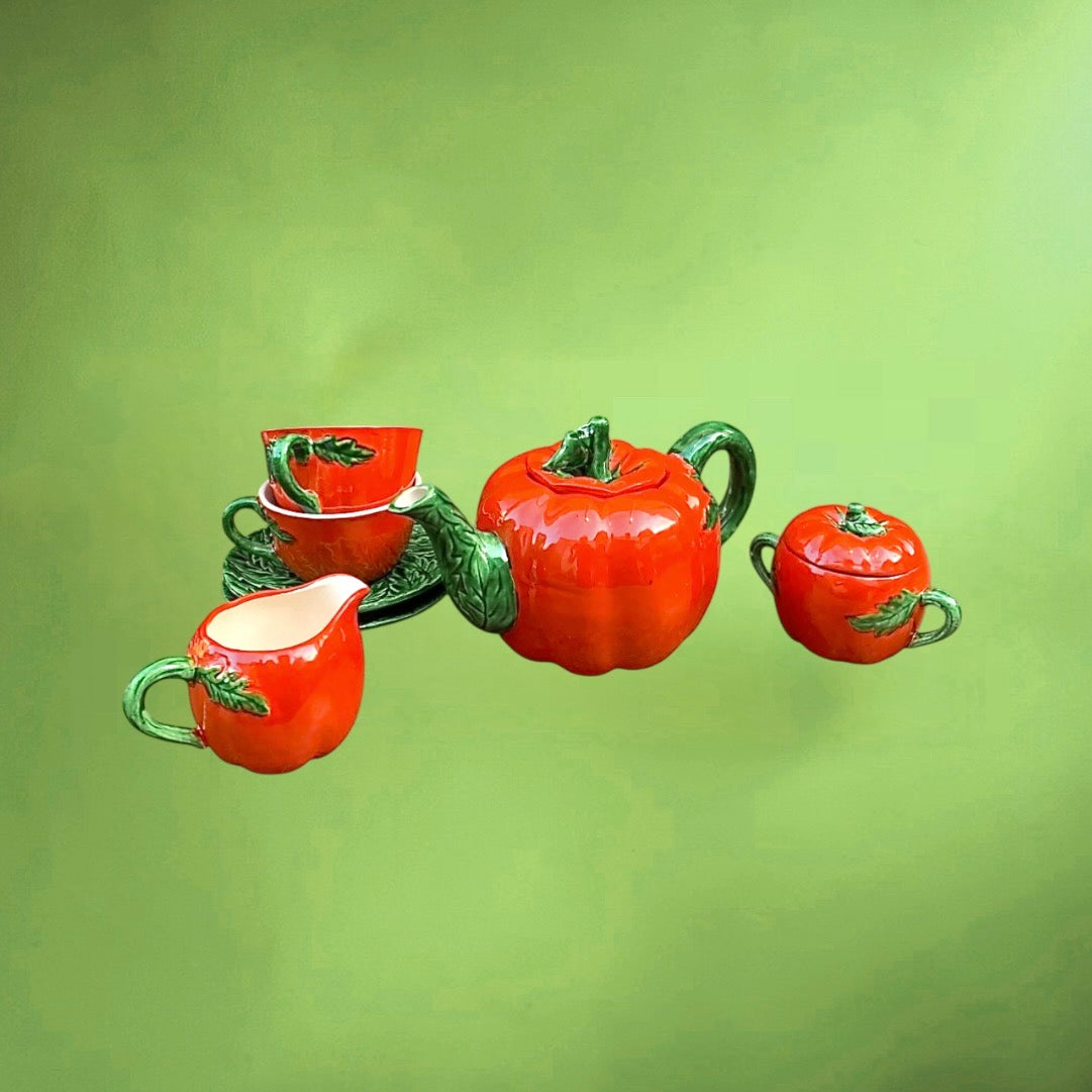 Service à thé tomates vintage – céramique italienne émaillée rouge et vert