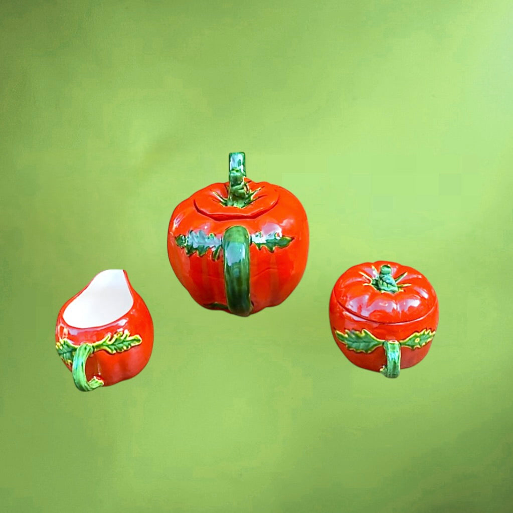 Service à thé vintage tomates céramique italienne – théière tasses pot sucre années 60 70