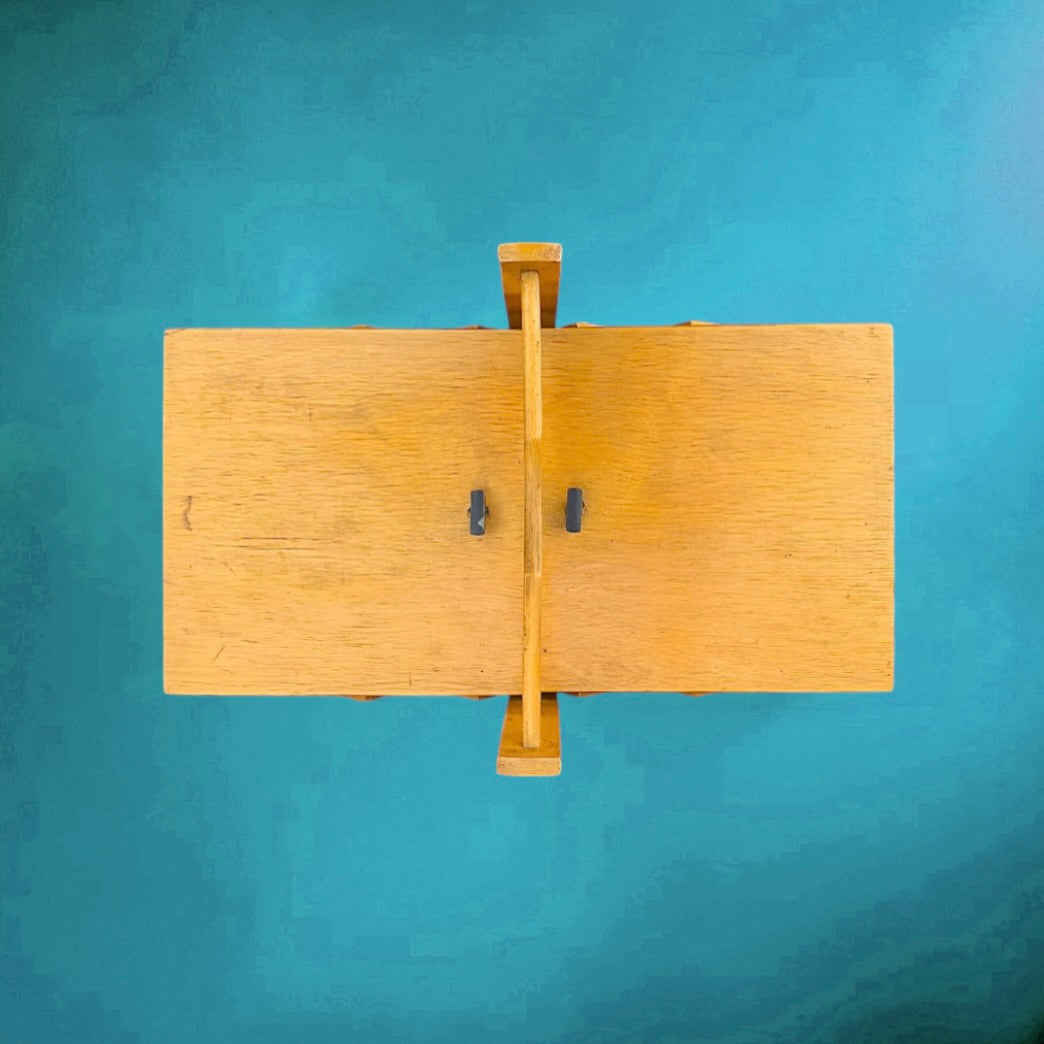 Travailleuse vintage scandinave bois clair pieds compas années 50 60 meuble couture accordéon