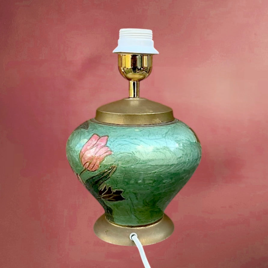 Pied de lampe vintage laiton émaillé décor floral années 70 style asiatique lampe bohème