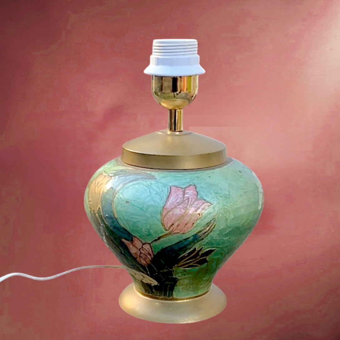 Pied de lampe vintage laiton émaillé décor floral années 70 style asiatique lampe bohème