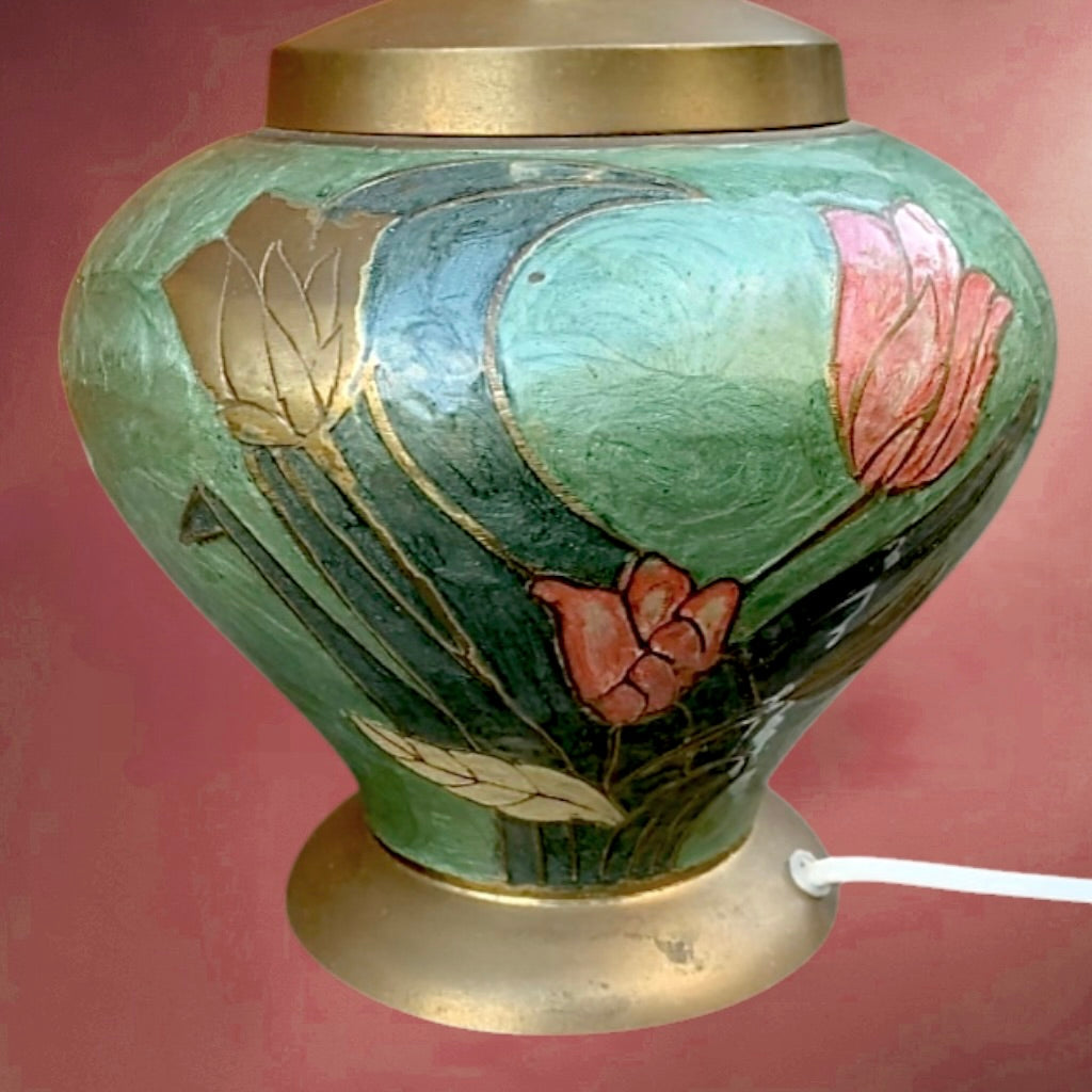 Pied de lampe vintage laiton émaillé décor floral années 70 style asiatique lampe bohème