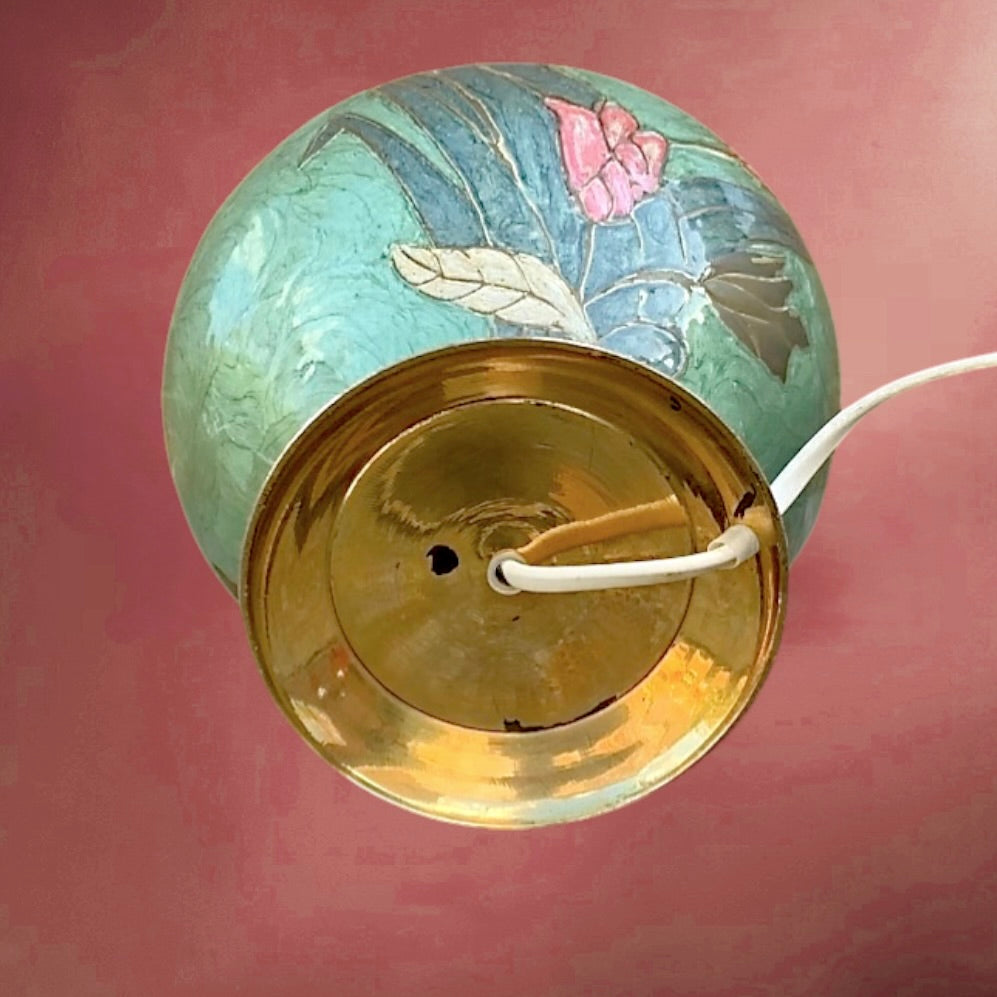 Pied de lampe vintage laiton émaillé décor floral années 70 style asiatique lampe bohème