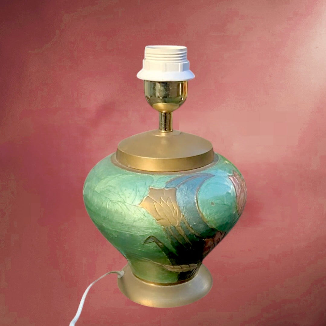 Pied de lampe vintage laiton émaillé floral
