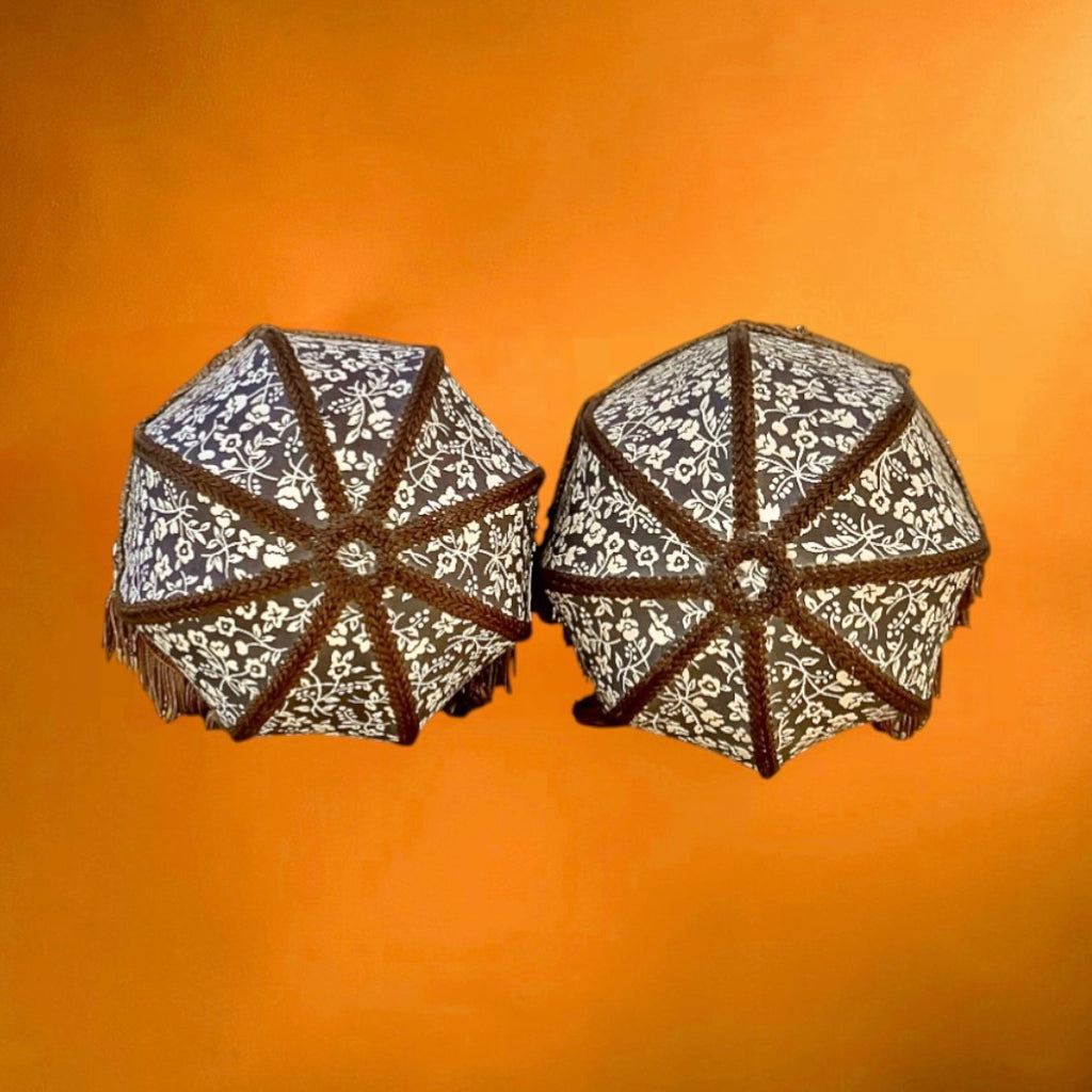 Paire lampes vintage bois abat-jour tissu franges années 70 lampe chevet rétro