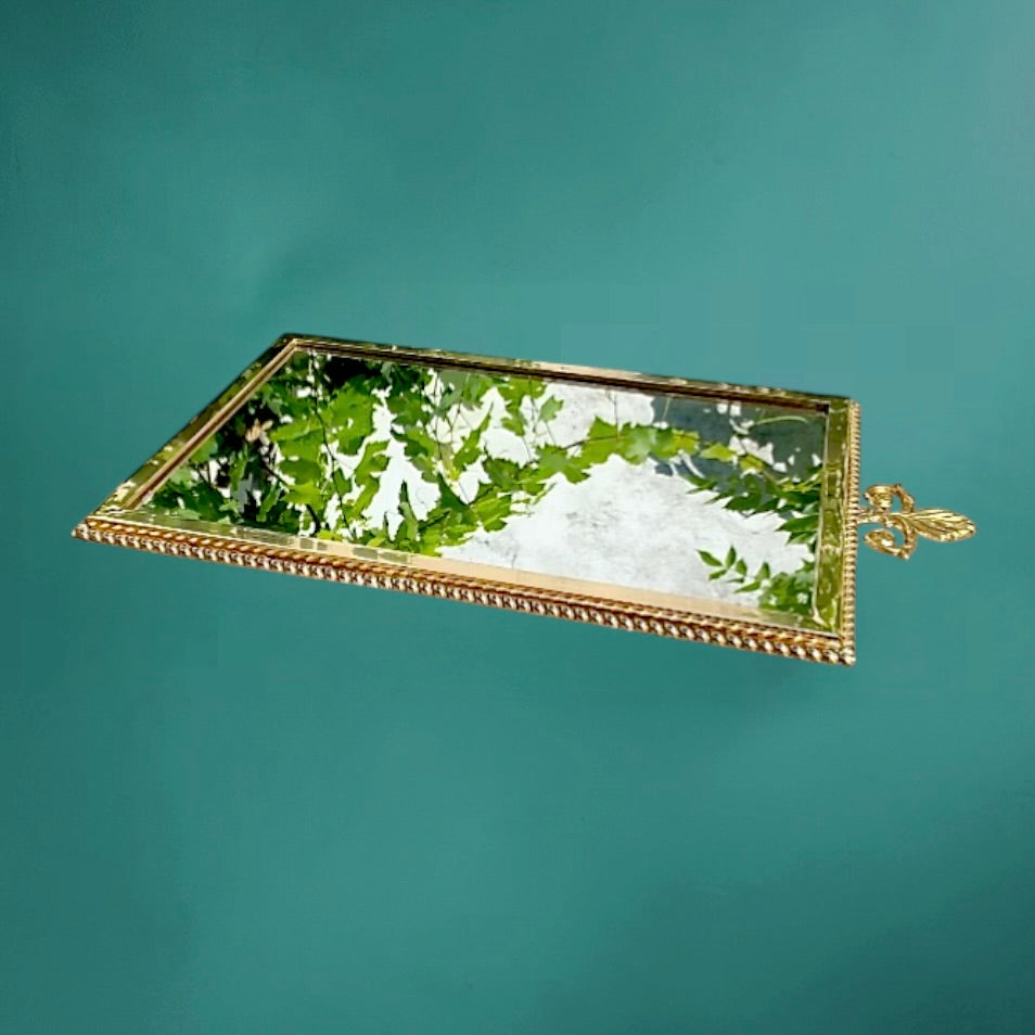 Ancien miroir mural en laiton doré – fronton feuille – style Hollywood Regency – années 1960 1970