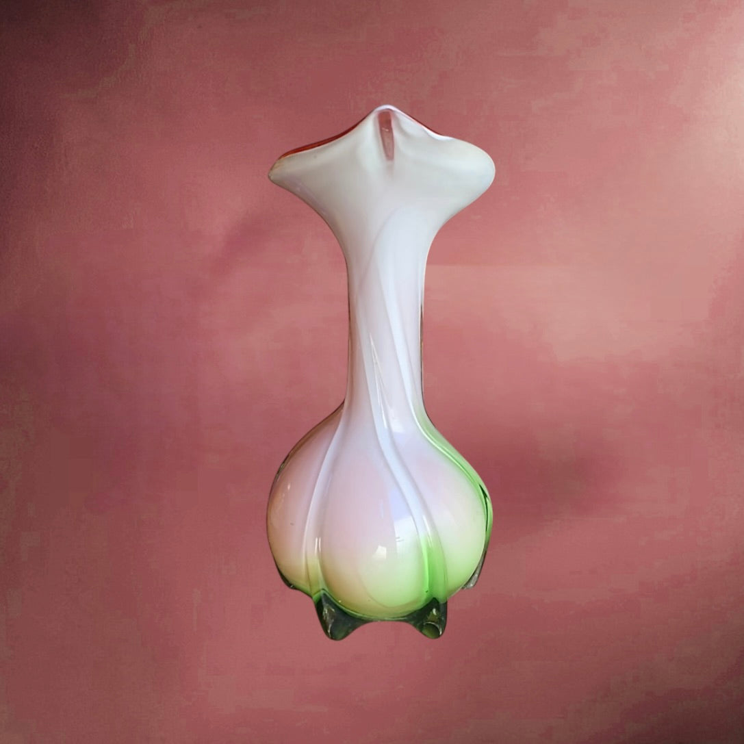 Vase vintage verre soufflé multicolore pieds bulbeux col asymétrique années 60