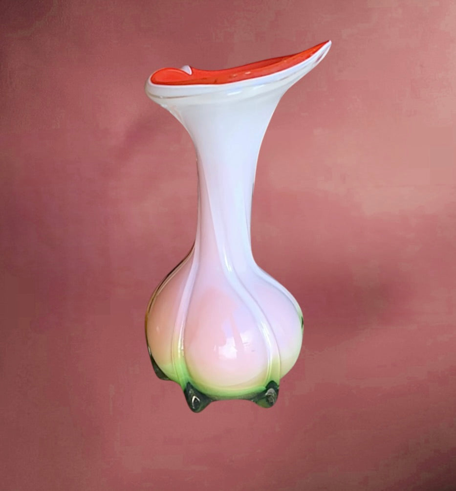 Vase vintage verre soufflé multicolore pieds bulbeux col asymétrique années 60