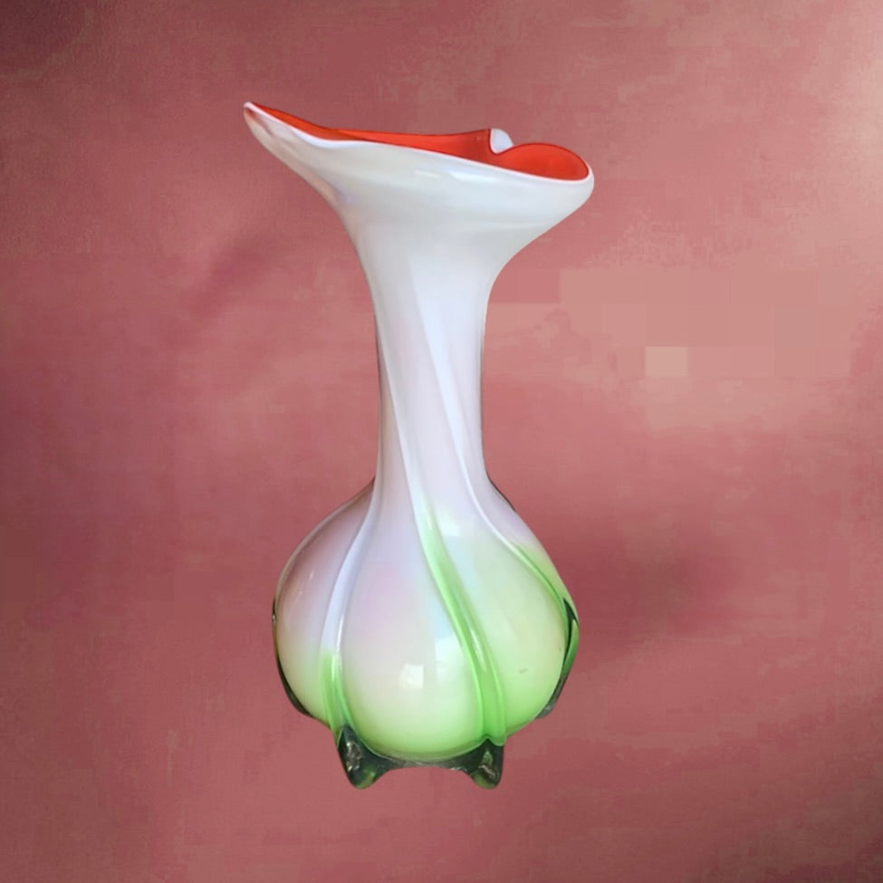 Vase vintage verre soufflé multicolore pieds bulbeux col asymétrique années 60