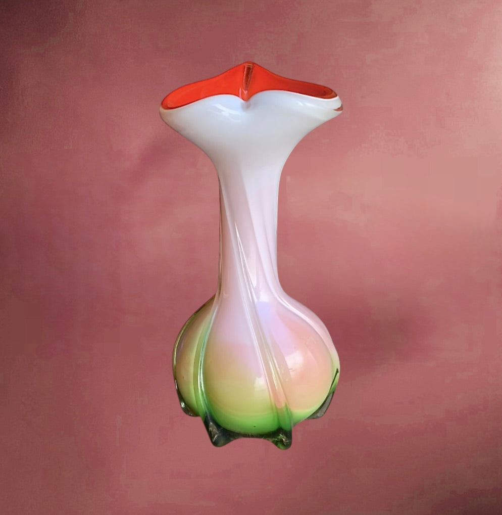 Vase vintage verre soufflé multicolore pieds bulbeux col asymétrique années 60