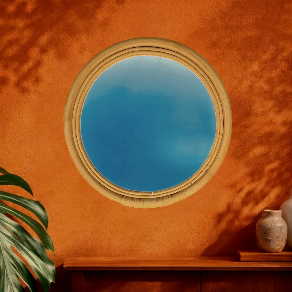 Miroir rond vintage bambou rotin années 70 bohème mural