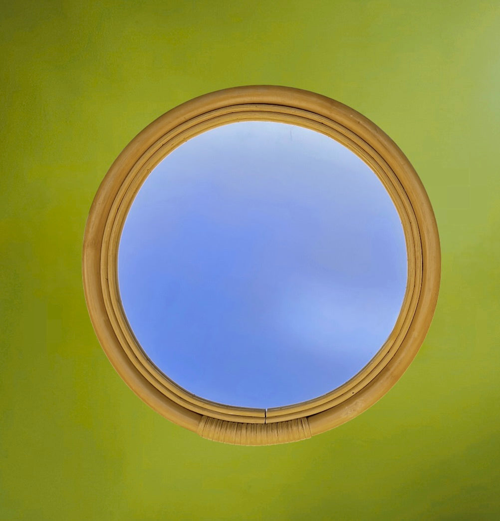 Miroir rond vintage en bambou et rotin – esprit bohème – années 70
