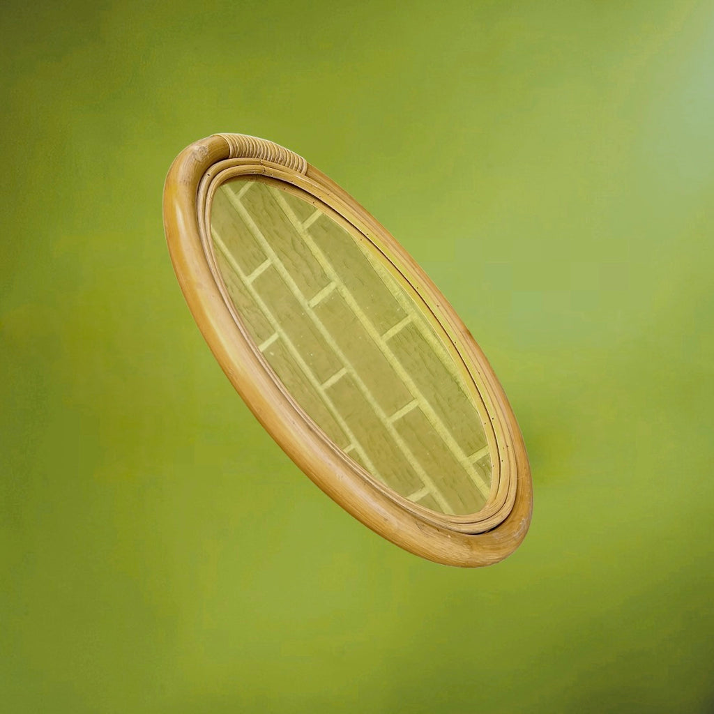 Miroir rond vintage bambou rotin années 70 bohème mural