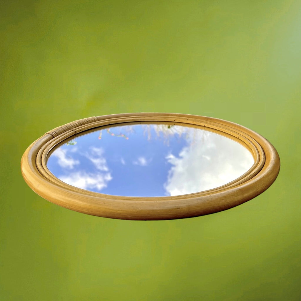 Miroir rond vintage bambou rotin années 70 bohème mural