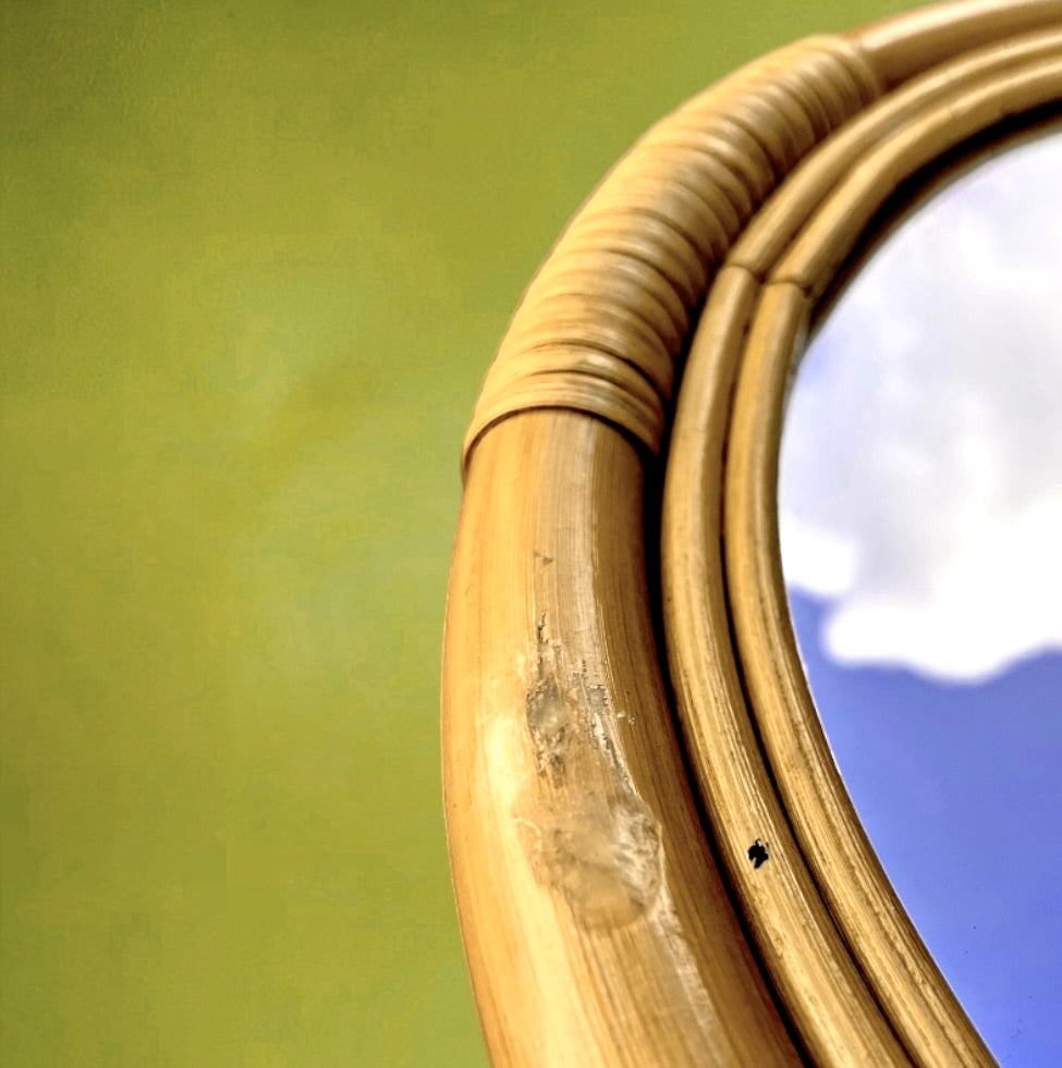 Miroir rond vintage bambou rotin années 70 bohème mural