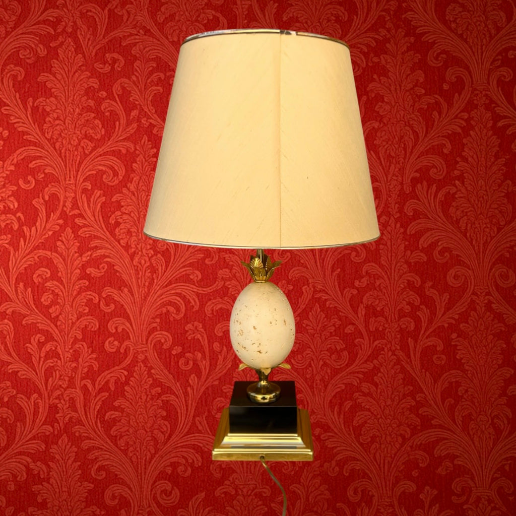 Lampe œuf d’autruche vintage travertin laiton années 70 style Maison Charles