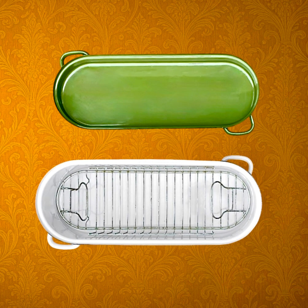 Poissonnière vintage en tôle émaillée – décor brochet et asperges – avec grille – grande marmite poisson – années 60