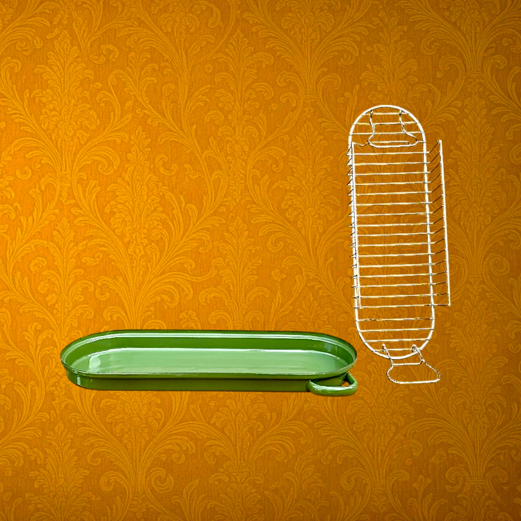 Poissonnière vintage en tôle émaillée – décor brochet et asperges – avec grille – grande marmite poisson – années 60