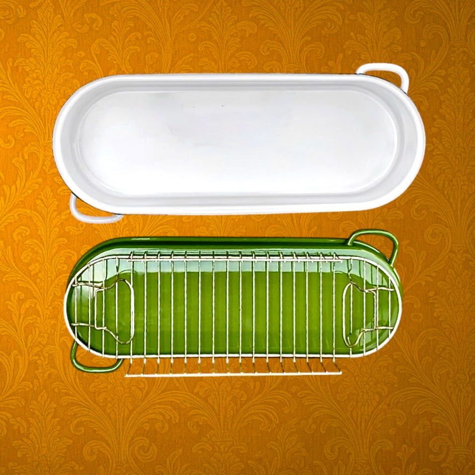 Poissonnière vintage en tôle émaillée – décor brochet et asperges – avec grille – grande marmite poisson – années 60