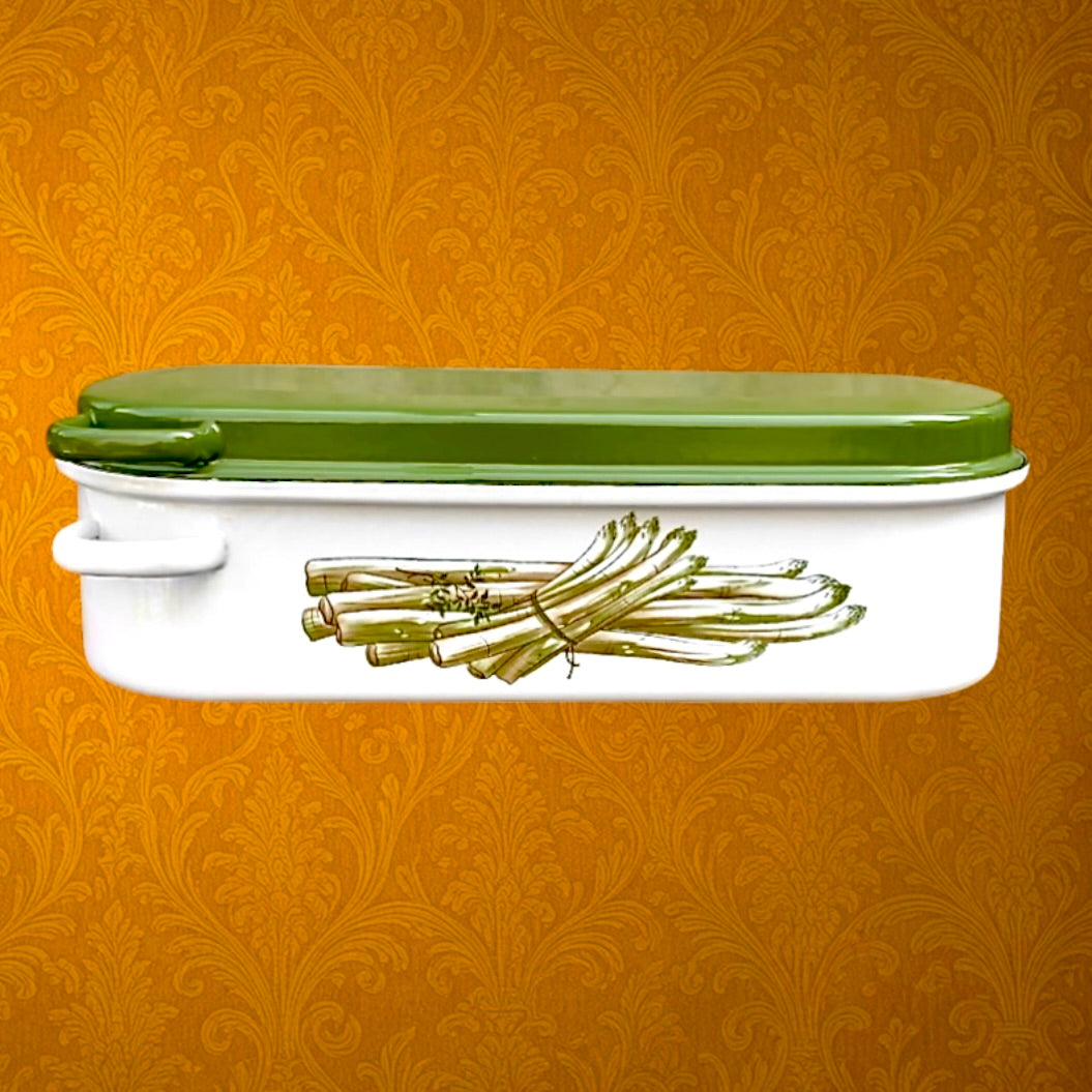 Poissonnière vintage en tôle émaillée – décor brochet et asperges – avec grille – grande marmite poisson – années 60