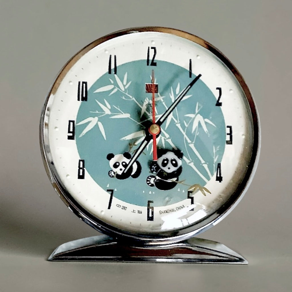 Réveil mécanique vintage panda animé – Shanghai Chine – bambous – horloge rétro asiatique – années 70