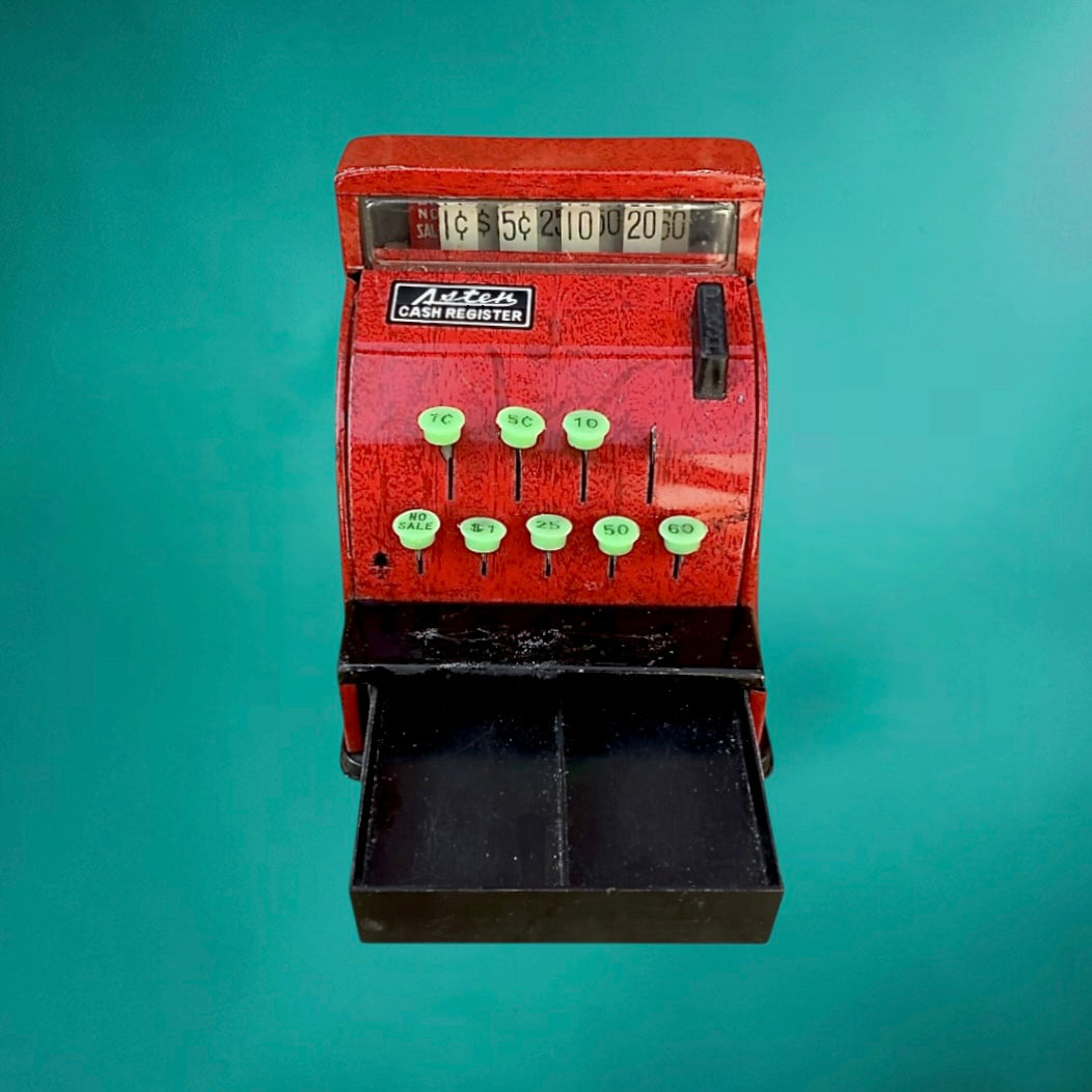Caisse enregistreuse jouet vintage Aster – tôle rouge – Japon années 50/60 – cash register rétro collection