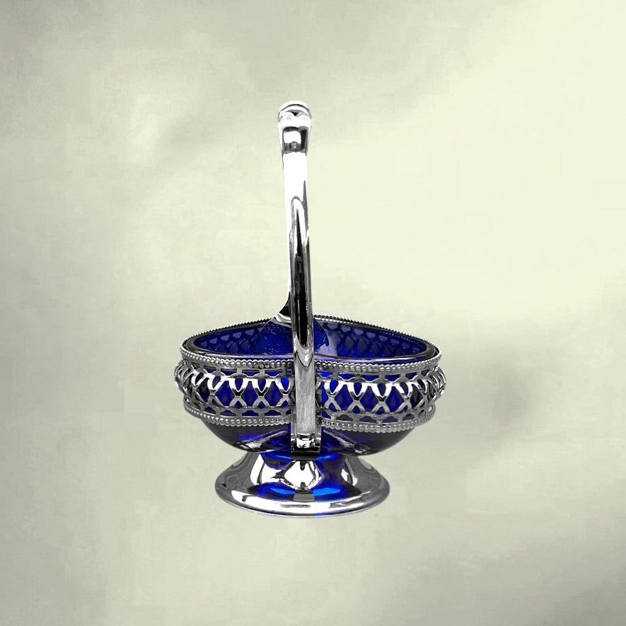 Sucrier vintage en verre bleu cobalt et métal chromé avec cuillère – Angleterre – design cœur