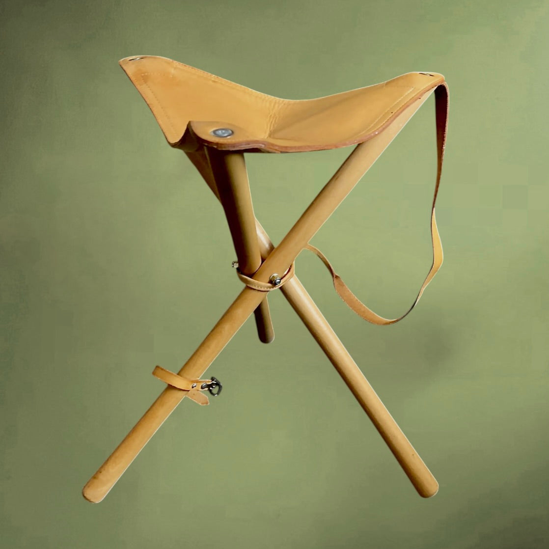 Tabouret pliant vintage bois et cuir • siège tripode • années 60 70