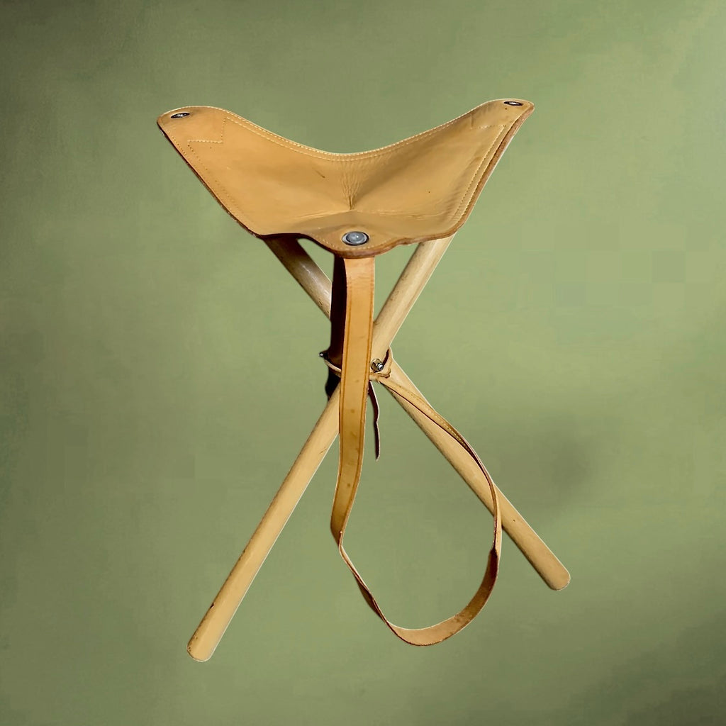 Tabouret pliant vintage bois et cuir • siège tripode • années 60 70