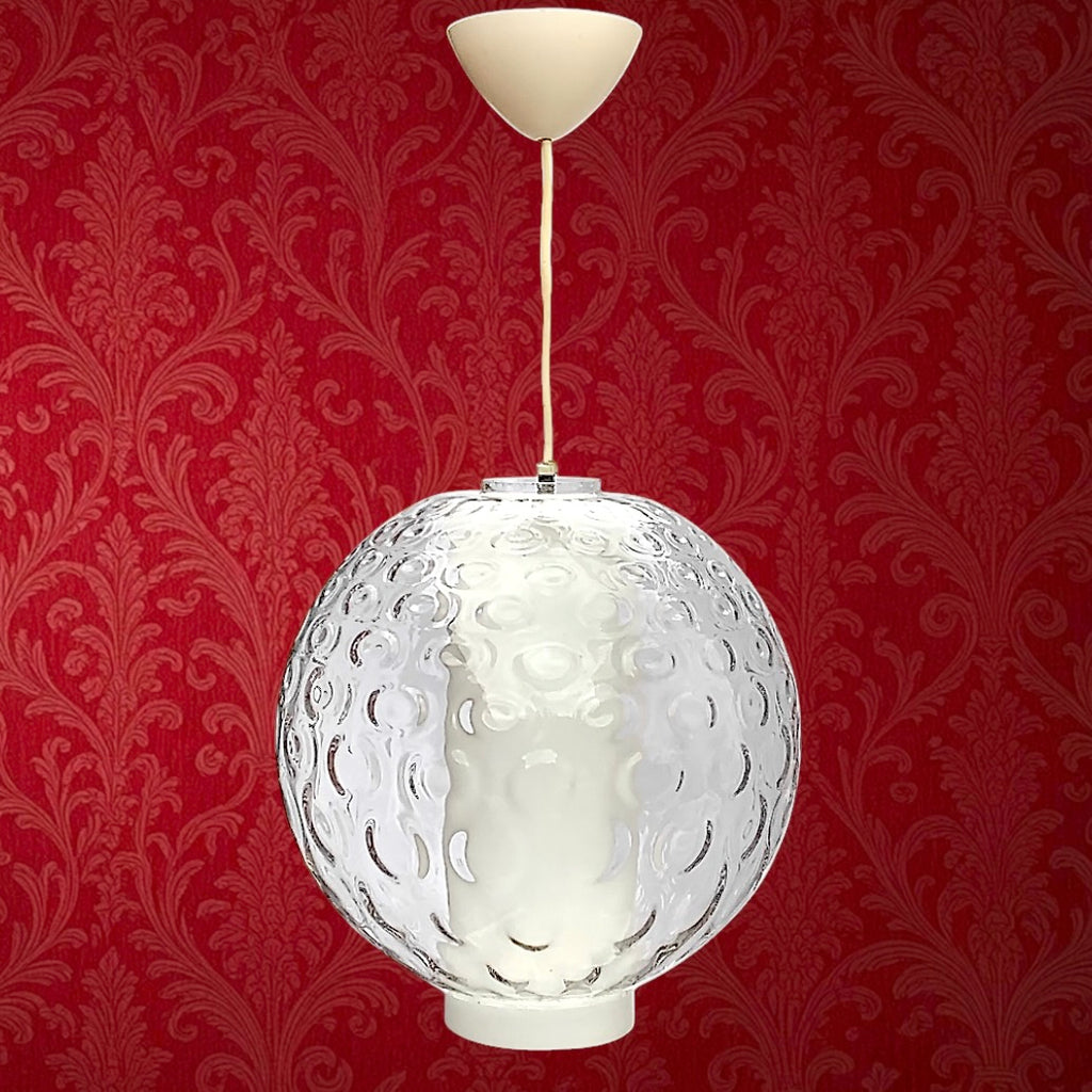 Suspension vintage Space Age verre bullé opalin blanc années 70 luminaire design