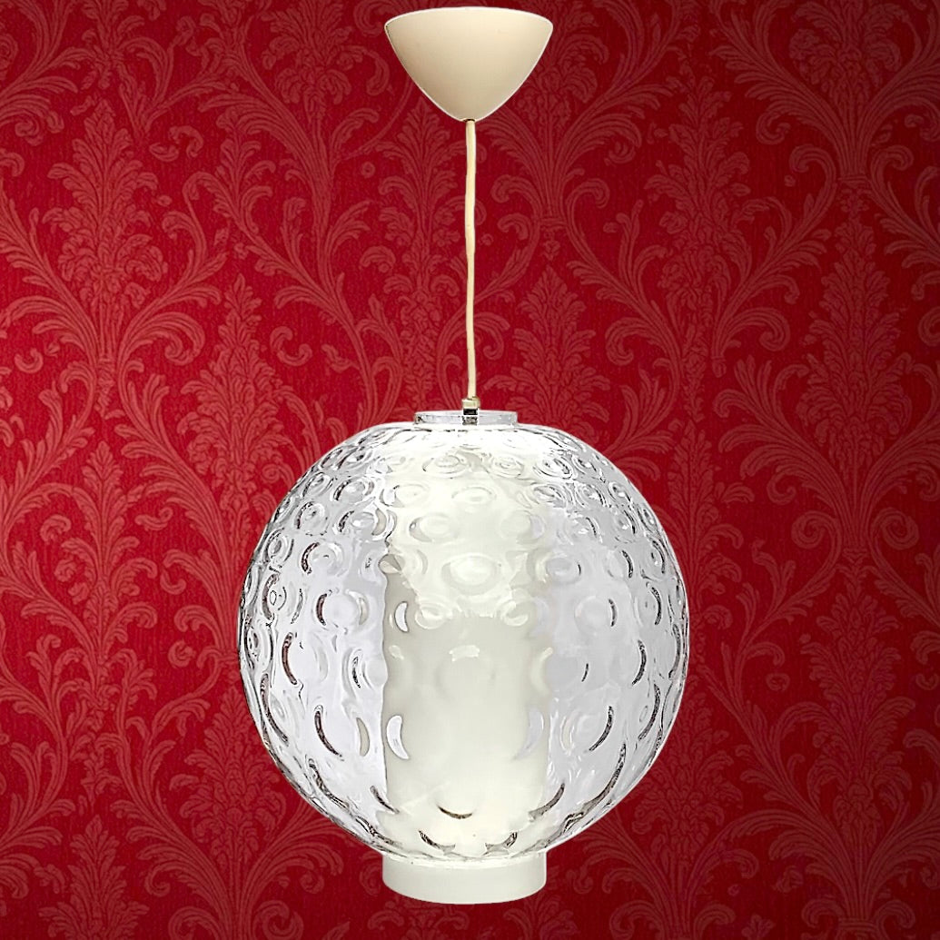 Suspension vintage Space Age verre bullé opalin blanc années 70 luminaire design