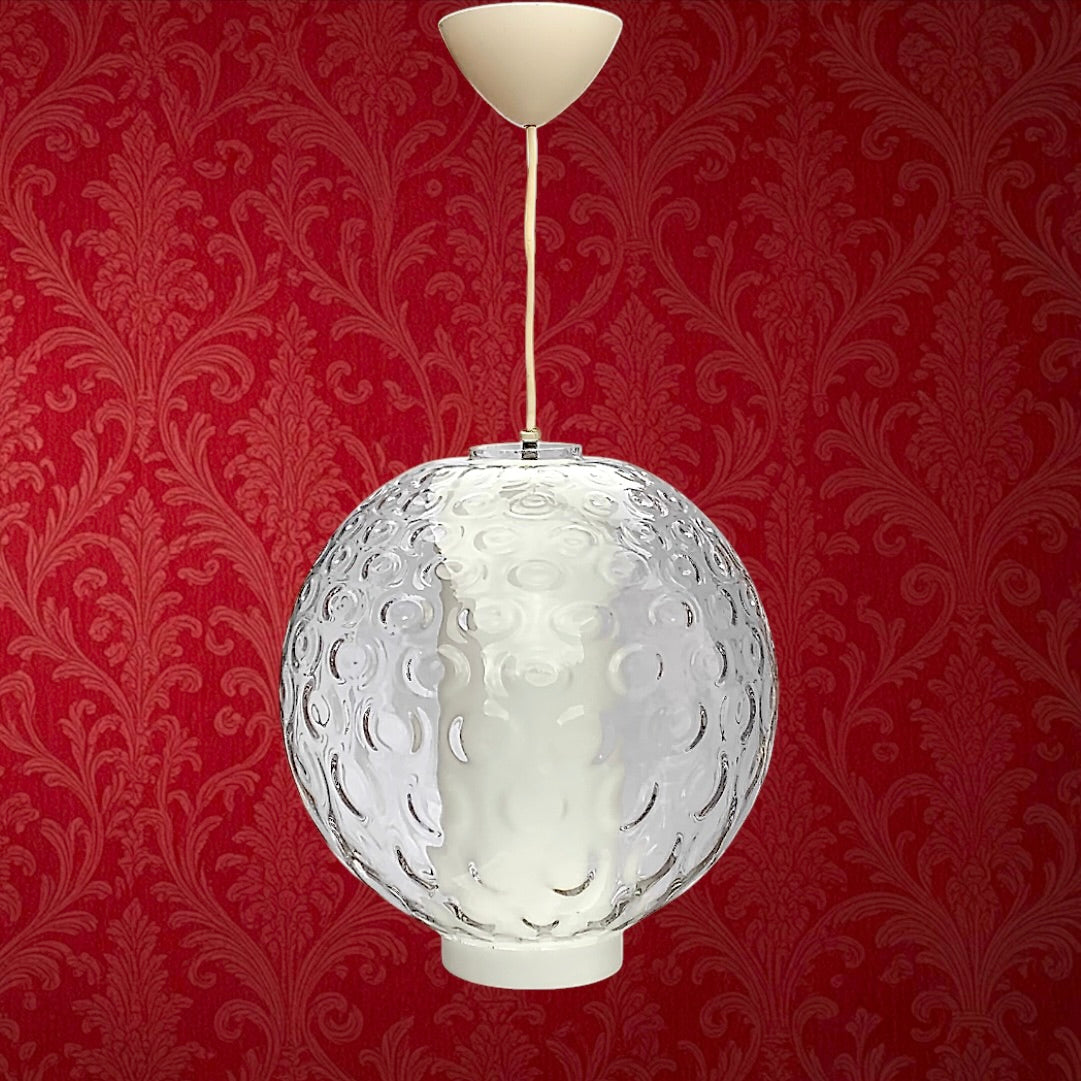 Suspension vintage Space Age verre bullé opalin blanc années 70 luminaire design