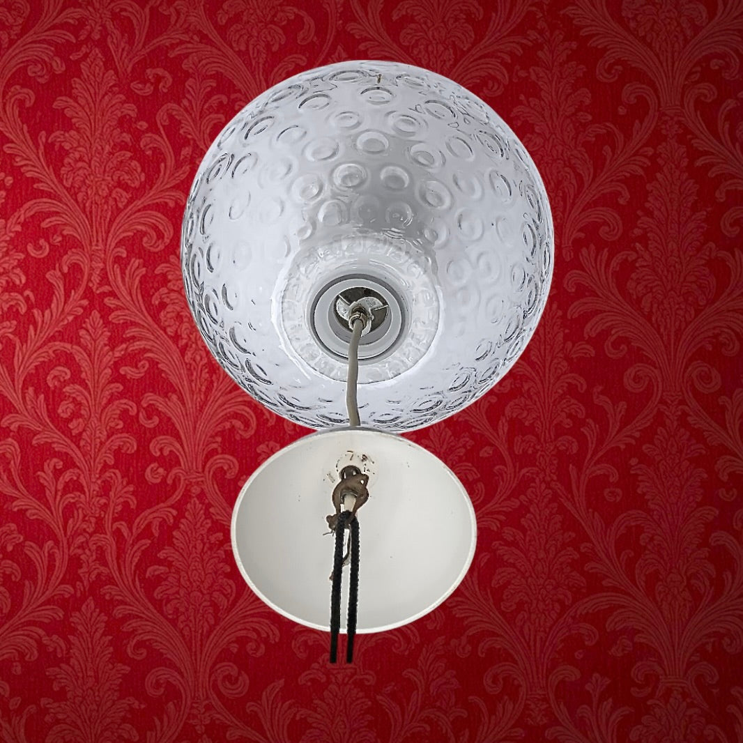 Suspension vintage Space Age verre bullé opalin blanc années 70 luminaire design
