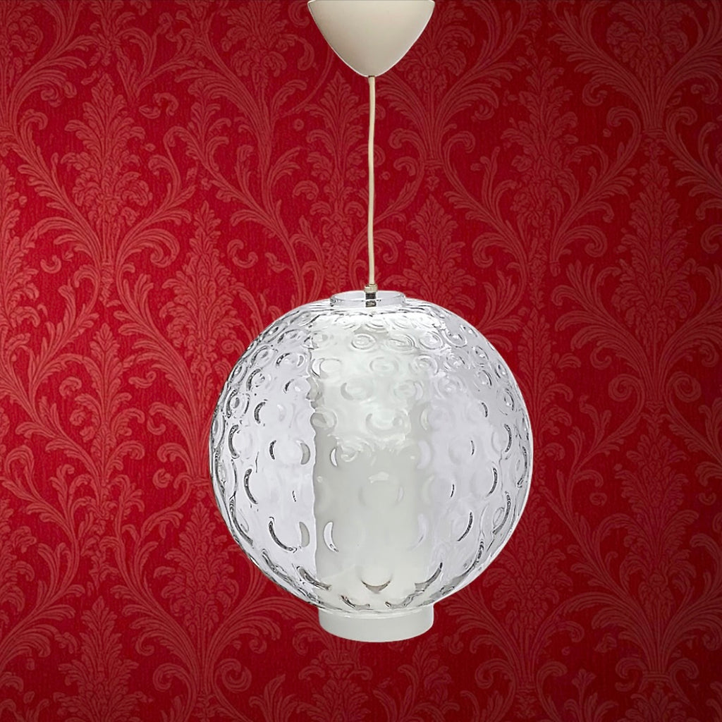 Suspension vintage Space Age verre bullé opalin blanc années 70 luminaire design