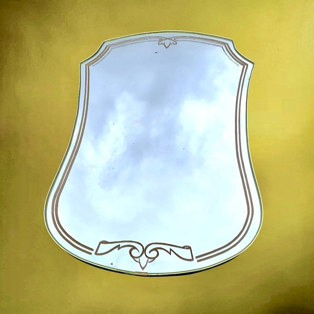Miroir vintage forme blason sérigraphié verre années 50