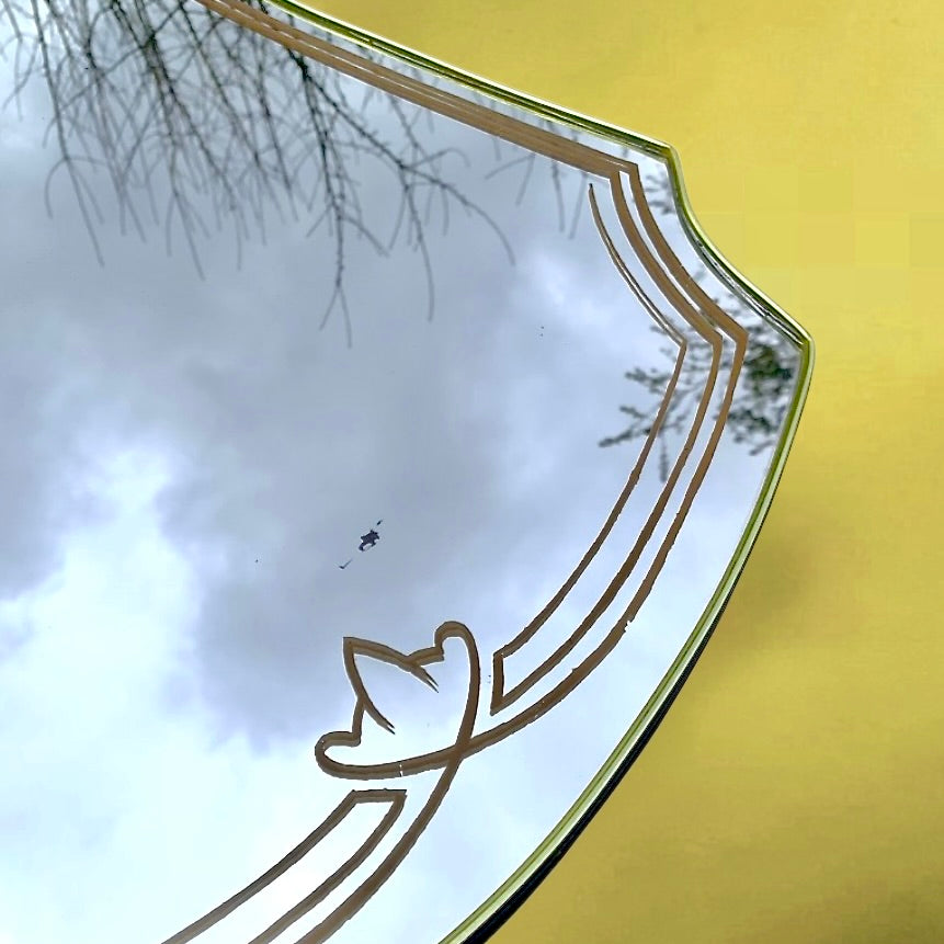 Miroir vintage forme blason sérigraphié verre années 50