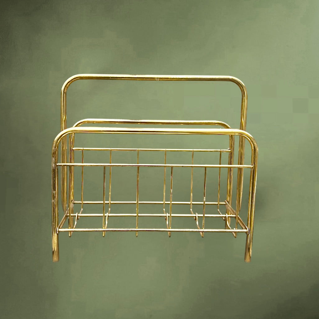 Porte-revues vintage en métal doré – design minimaliste – années 70