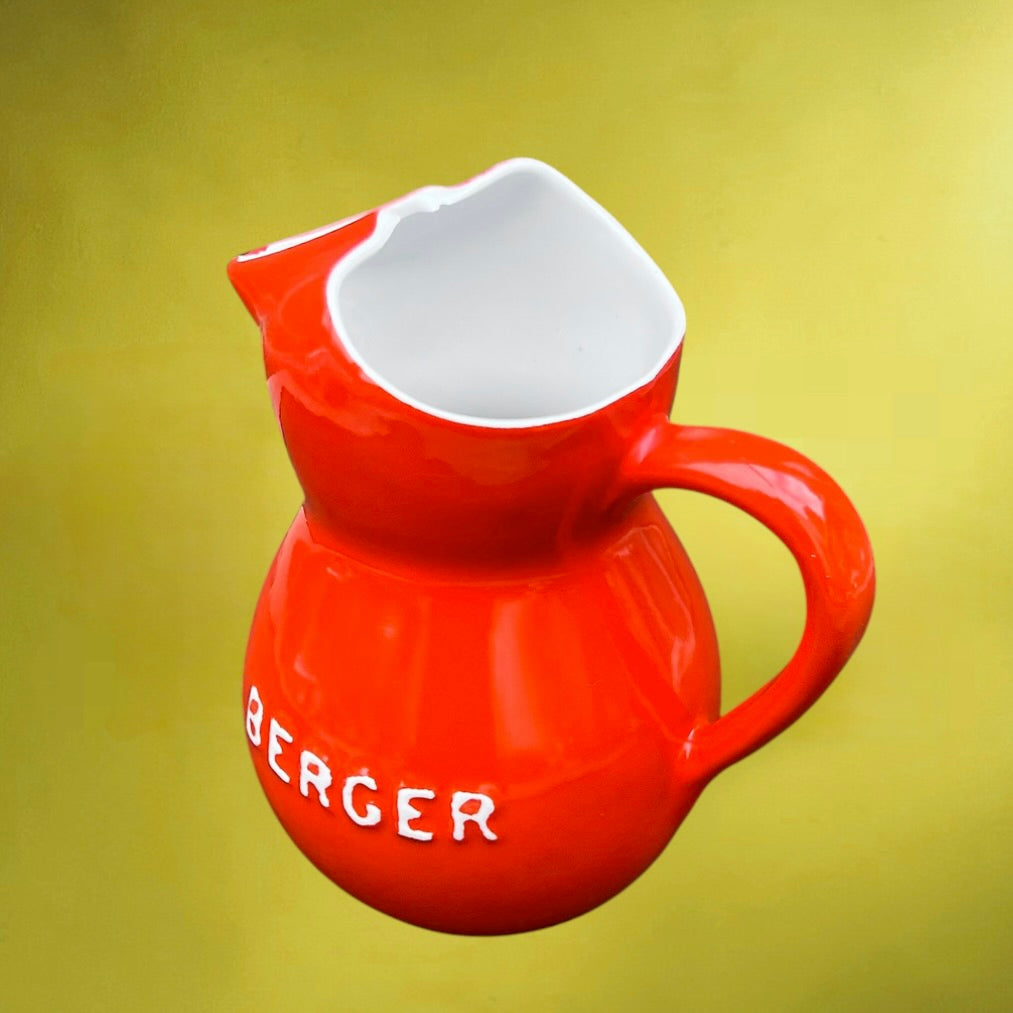 Pichet publicitaire Berger vintage en céramique rouge – pastis français – années 60 70