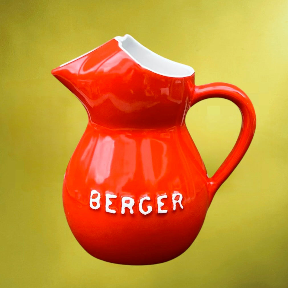 Pichet publicitaire Berger vintage en céramique rouge – pastis français – années 60 70