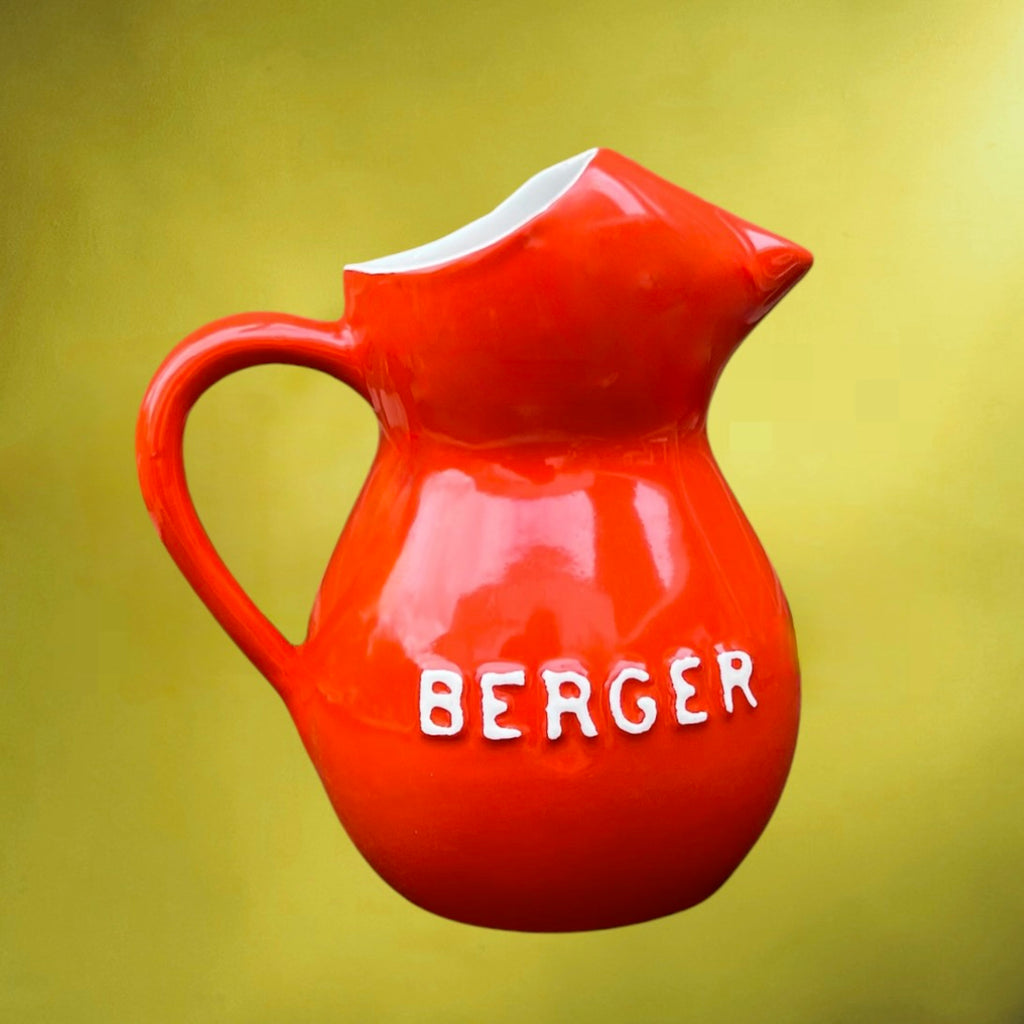 Pichet publicitaire Berger vintage en céramique rouge – pastis français – années 60 70